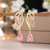 Huitan Gorgeous Pink CZ Earrings for Women Engagement Wedding Party Luxury Trendy Female Earrings Temperament Elegant Jewelry