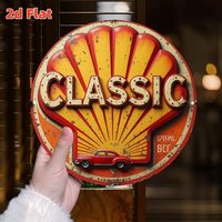 HD Printed Tin Plate Painting - 3D Relief Shell Classic Retro Car Round Metal Sign Wall Decor for Garage & Vintage Home Style