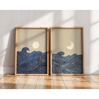 2pcs Japandi Minimalist Moon Crescent Canvas Wall Art Prints, Frameless Abstract Landscape Canvas Poster for Living Room Decor