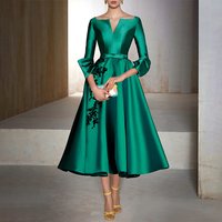 Customized Green Satin Cocktail Dresses Midi A Line 3/4 Sleeves Wedding Party Gowns for Women V Neck Tea Length Cocktail Gown