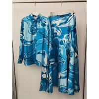 2026 Summer Women's Clothing Retro Geometric Print Lapel Long Sleeve Shirt Two-piece Set + Loose A-Line Skirt Fashion Suit
