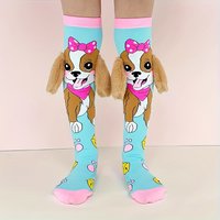 A pair of lovely blue cartoon dog pattern and pink bow knee socks-soft, breathable, suitable for girls knee socks in all seasons