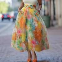 Floral Print Tulle Midi Skirt High Waist A-Line Pleated Flowy Skirt Elegant Watercolor Print Layered Mesh Skirt Pocket for Women