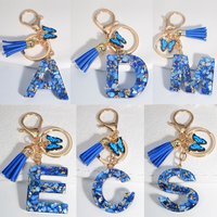Blue Alphabet Initial Letter Keychain Cute Butterfly Resin Key Chain Ring Bag Backpack Charm Car Key Pendant Women Daily UseGift