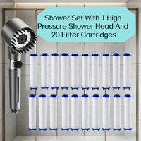 21PCS Gray High Pressure Water Saving Shower Head Set 3 Modes Adjustable One Key Water Stop Hard Water Filter with 20 Filter