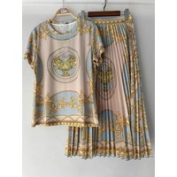 Designer retro geometric print knitted T-shirt two-piece summer women's dress+loose plus-size pleated skirt fashion suit