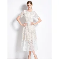 Summer Elegant Chic Lace White Dresses Women O-Neck Office OL Fashion Crochet Hollow Out Elbise Robes Casual Dress