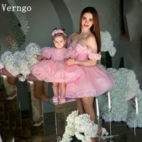Verngo Pink Shiny Tulle Girl Women Prom Gowns Mother and Daughter DressRuffles Tulle Mommy Girls Party Birthday Dress Gustomized