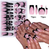 144pcs French Black Pink Hand&Foot WearIng Nail Set Short Square False Nails Press On Acrylic Full Cover Convenient Nail Art