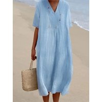 Casual Holiday Beach Cotton And Linen Dress For Women Summer Short Sleeve V Neck Solid Color Loose Midi Dress Dresses Female