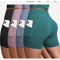 Women's Solid Color Yoga Hip Lifting Shorts With Pockets Summer High Waiste Outdoor Cycling Running Sports Shorts Gym Pilates