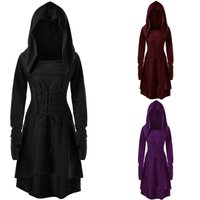 Vintage Damen Cosplay Mittelalter Renaissance Bogenschützen-Kostüme Kapuzenrobe Pullover Langer Hoodie-Kleid Umhang Halloween-Party