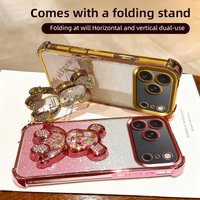 Shockproof Case for iPhone 17 Pro Max 16 14 13 12 11 15 Plus Air Glitter Bear Bracket Stand Luxury Plating Holder Clear Cover