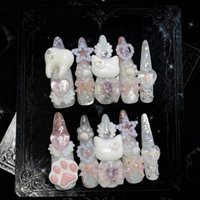 10PCS Sweet Cool White 3D Cat Paw Bow Stiletto Press on Nails Handmade Cute Heart Rhinestone Star with Pearl Wearable Fake Nails