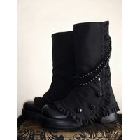 Black Gothic Round-Toe Platform Boots Ruffled Trim Beaded Chain & Button Accents Dark Style Boots for Gothic Lolita Looks
