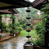 Japanese Style Metal Flowers Rain Chain Weather Resistant Hanging Rain Chain for Gutters 7 Cups Iron Art Rainwater Divert Chain