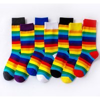 1 pair of rainbow striped cotton socks, comfortable, breathable, and odor resistant mid length socks, long socks for children