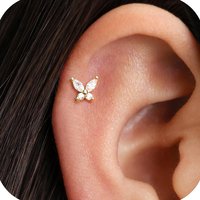 925 Sterling Silver 18K Gold CZ Butterfly Screw Back Stud Earrings for Women Cartilage Tragus Earlobe Conch Piercing Jewelry