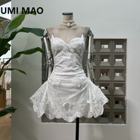 UMI MAO Summer Sexy Dress Mesh Splicing Heavy Industry Lace Metal Chain Shoulder Strap Low Cut Niche Dress