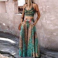 Women 2 Piece Tribal Pattern V-Neck Sleeveless Spaghetti Strap Crop Tank Shirred High Waist Wide Leg Pants Vacation Pants Set