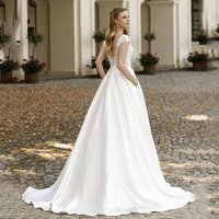 Customized Elegant A-Line Wedding Dresses 2026 Cap Sleeve Pocket Lace V Neck Satin Sweep Train Bridal Gown for Bride