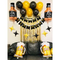 23pcs Happy Birthday Black Gold Banner Whiskey Beer Mug Aluminum Film Balloons Suitable for Birthday Party Decoration Supplies