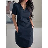 VONDA Summer Mini Dress 2024 Women Short Puff Sleeve Party Sundress Sexy V Neck Fashion Casual Loose Solid Zipper Short Vestidos