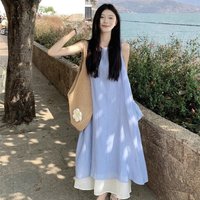 Women Elegant Sky Blue Loose Fit Sleeveless Midi Dress Lady Breathable Layered Hem Dress Female Weekend Brunch Outfit Dress