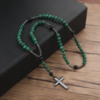 Fashion Green Natural Stone Round Beads Black Cross Pendant Necklace for Men and Women Jewelry Gift