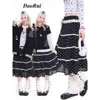 Subculture Korean Vintage Polka Dot Midi Skirt A-Line Versatile Women Sweet Y2k Retro Flared Skirt Lace Tiered Women Casual