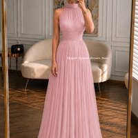 Evening Dress Halter Dusty Pink Tulle Formal Gown Pleated A‑Line Long Bridesmaid Prom Dresses For Women Wedding Guest Customized