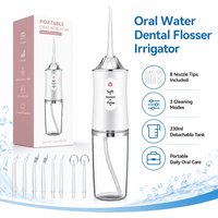 Oral Water Dental Flosser Irrigator, Cordless 8 Tips, USB Rechargeable, IPX6 Waterproof, 3 Modes, 230ml Tank, Braces & Travel