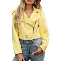 Ailegogo New Spring Autumn Women Street Casual Short Faux Leather Jacket Moto Biker Female Zipper Belt Loose Coat Outwear