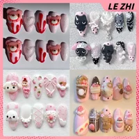 3D Kawaii Hand-Carved Rilakkuma Press On Nails Art Cartoon Animal Rabbit Monkey Cat Sweet Strawberries Fake Nail Gift
