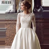 JEHETH Luxury Satin Sexy Elegant A-line Skirt Long Sleeve Lace Stickers with Pocket, 2025 Best Seller Wedding Dress Customized