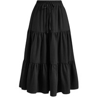 Ladies High Waist Drawstring Tiered Skirt Boho Ruffle Flowy Long Maxi Skirt for Casual & Beach Wear