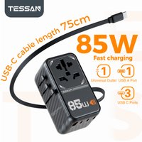 TESSAN 85W GaN Universal Travel Adapter with 1 USB 3 Type C 1 USB C Cable International Plug Wall Charger for US EU UK AU Travel