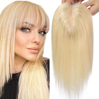 Light Honey Blonde Remy Human Hair Toppers with Bangs 10inches Straight Human Hairpieces for Women Silk Base Human Hair Toppers image 4