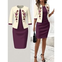 Printed Design Autumn and winter styles casual style Floral Embroidery On Cream Jacket crew neck dress suit