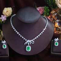 CWWZircons Trendy Bowknot Green Paraiba CZ Jewelry Sets Engagement Wedding Earrings Necklace for Women Bridal Promise Gift T1037