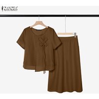 ZANZEA 2026Summer Outfits Elegant Women 2 Piece Sets O Neck Short Sleeve Blouse Dress Sets Solid A Line OL Work Midi Skirt Suit