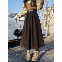 Qiukichonson Mid Long Skirts Womens Corduroy Skirt 2023 Autumn Winter Korean Vintage High Waist Ruffle Pleated Skirts With Belt