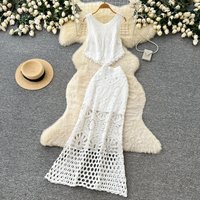 Women Two Piece Sets Skirt Set Round Neck Sleeveless Lace Tassel Tops Long Skirts Hollow Out High Waist Y2k Streetwear Elegant
