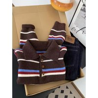 Retro Korean Striped Long Sleeves Lapel Knitted Sweater Women's Autumn Winter Casual Versatile Pullover Knitwear Top
