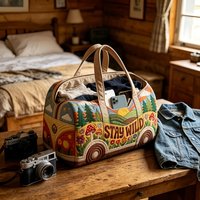 1pc "STAY WILD" Van Quilted Duffle Bag, Boho Hippie Travel Tote, Large Capacity Portable Weekender Bag for Gym Beach