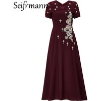 Seifrmann 2026 Summer Women's New Fashionable V-neck Short sleeved Nail Beaded Waist cinching Long Dress