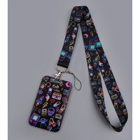 Neon 90s Retro Arcade Lanyard Students ID Card Badge Holder Hanging Rope Neck Strap Keychain Keyring Accessories Gifts