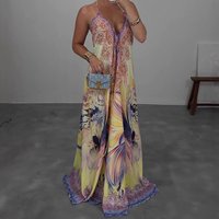 Women's Beach Boho Halter Neck Floral Print Maxi Dress Sexy Sleeveless V-Neck Flowy Casual Summer 2026 Vacation Long Dress