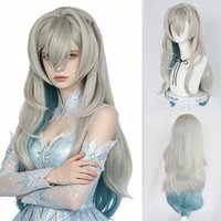 Grey to Teal Long Synthetic Wave Wig, Pre-Styled Cosplay Hair for Women, Heat Resistant for Anime Events Halloween Party
