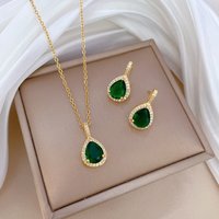 Luxury Classic Gold Color Stainless Steel Green Crystal Water Drop Pendant Necklace for Women Retro Party Collar Jewelry Gift
